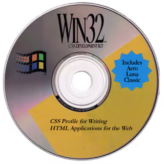 A CD-ROM labelled WIN32 CSS Development Kit, laid out like a 1993 Microsoft SDK disc: black serif capitals on a silver face, a yellow wedge, and a blue starburst listing the eras.